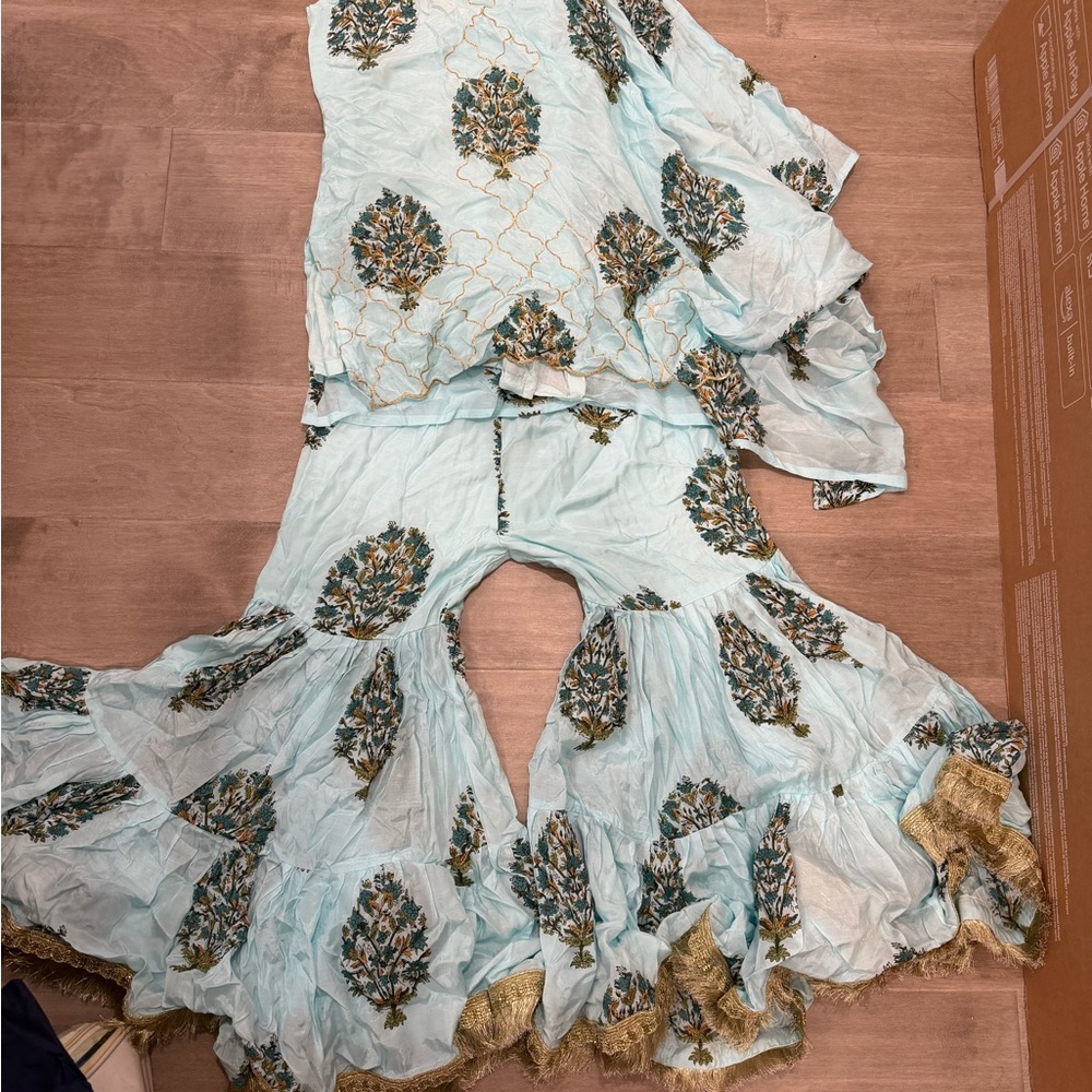 Light Blue Floral Printed Sharara Set with Gold Trim